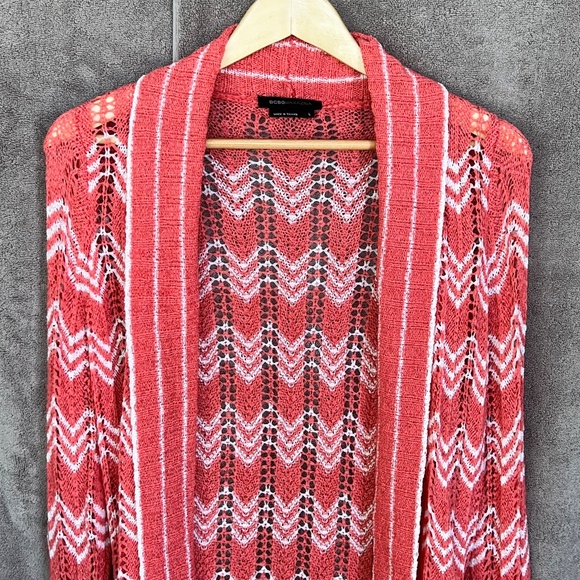 ❤️BCBGMAXAZRIA Women Open Knit Chevron Collared Cardigan Sz L Open Front - Picture 2 of 13